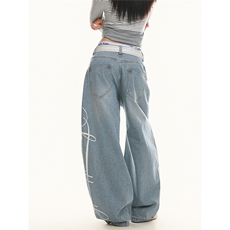 美式复古印花直筒牛仔裤女春秋高腰宽松裤子男女生显瘦阔裤子网图，男装牛仔裤，星座302B