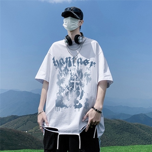 港风夏季时尚字母印花百搭流苏圆领水洗纯棉短袖T恤DT6340P45控68图片
