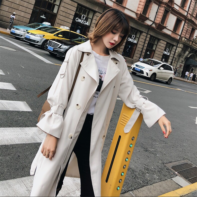 2025秋装新款830韩版系带双排扣中长款宽松风衣女装外套,女装风衣,红依娜