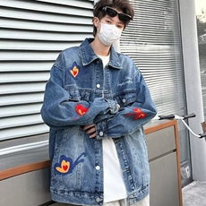 美式复古重工蝴蝶刺绣牛仔外套男女春秋季韩版百搭休闲外套夹克潮，男装工装外套，星座218-8