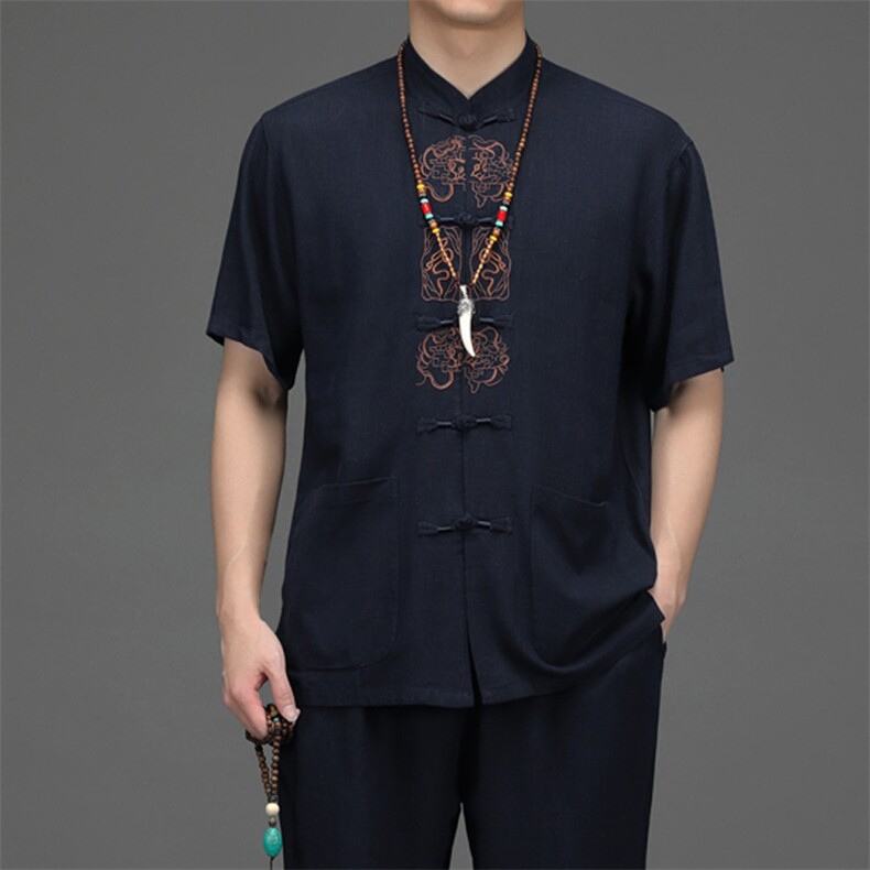 夏季新款男士刺绣风短袖套装中年爸爸装薄款唐装JZ2005-P100图片