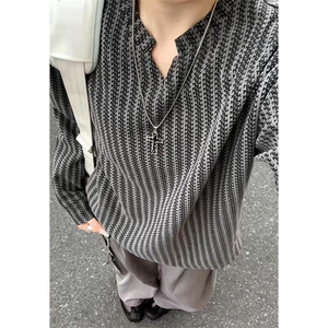 美式高街千鸟格子长袖T恤男女亨利V领英伦雅痞休闲宽松长袖打底衫图片
