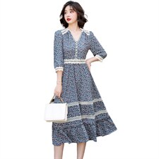 甜美蕾丝花边拼接荷叶边裙花色连衣裙2023年夏季，女装连衣裙，韩蜜菓