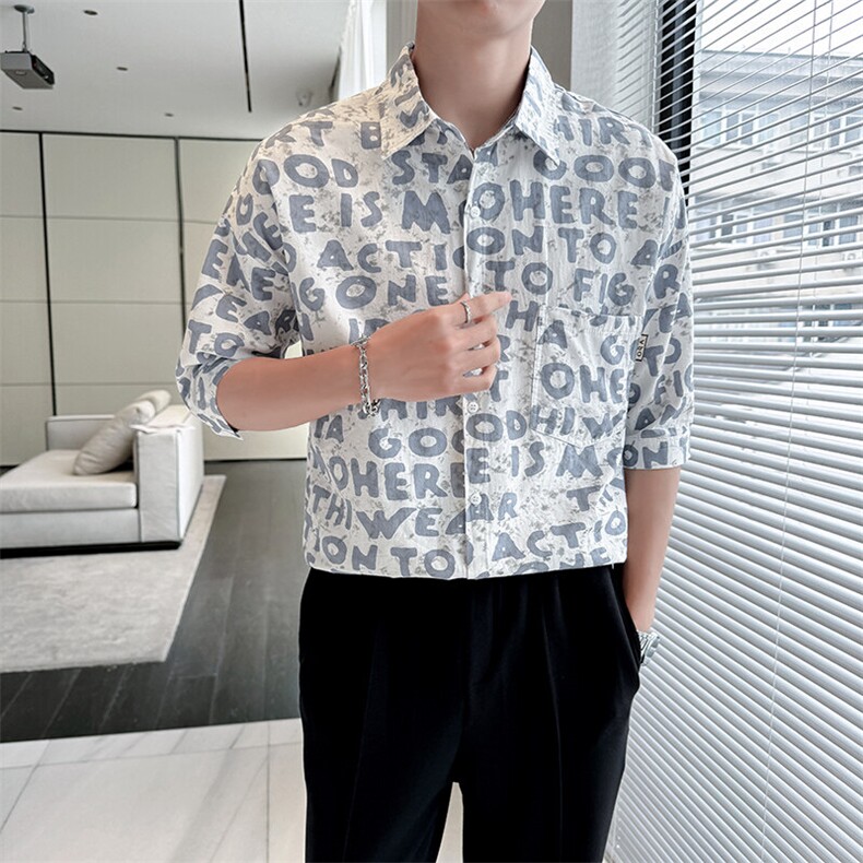 2025春季新款衬衫男士夏季七分袖衬衫印花棉质上衣男901-C39P58,男装衬衫,星座901