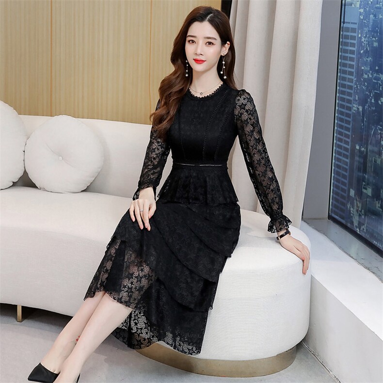 2021春装新款时尚蕾丝蛋糕裙大摆收腰连衣裙,女装连衣裙,尚洛菲