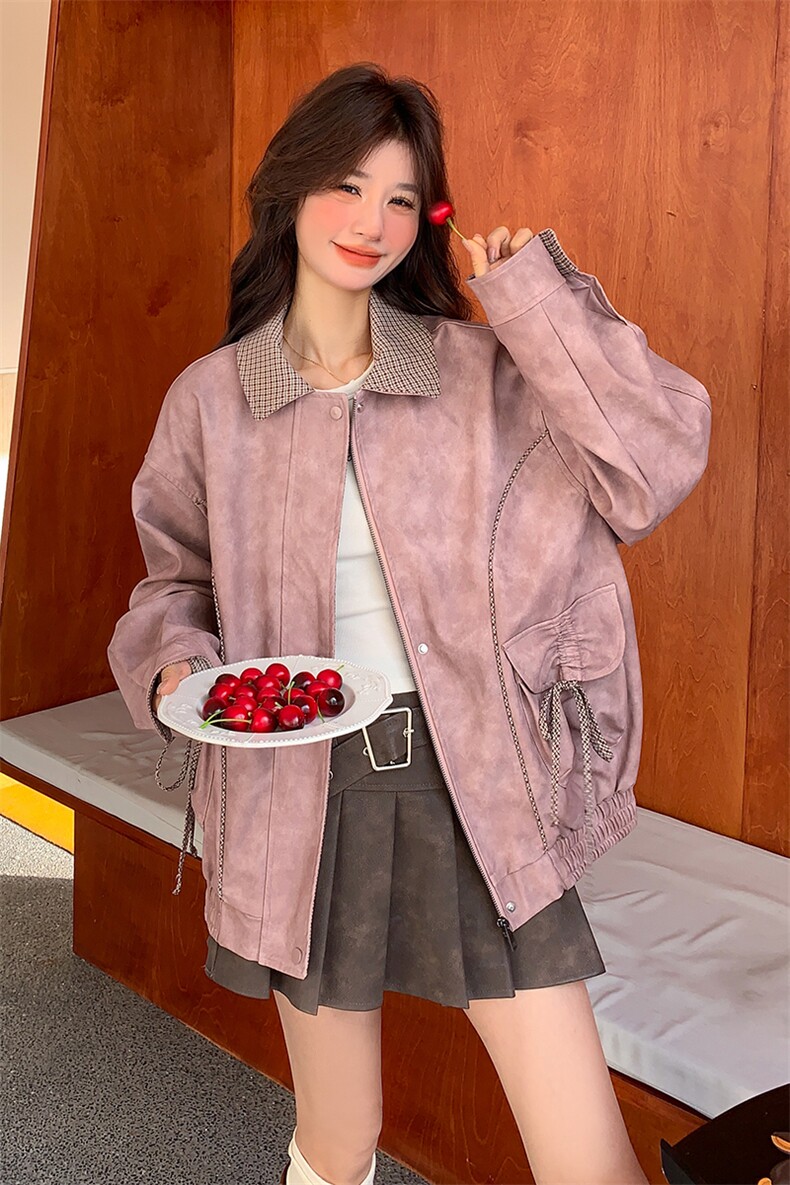粉色皮衣扎染效果短外套,女装短外套,浙宝296