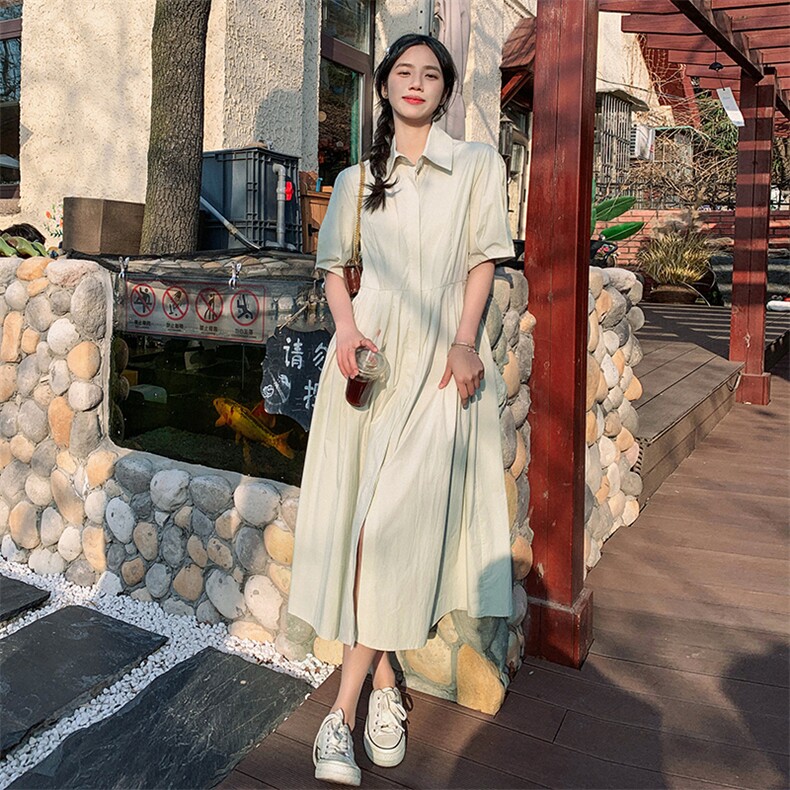 短袖衬衫连衣裙女夏新款韩版通勤简约百搭纯色长款裙子p115-k168,女装连衣裙,辉之琳
