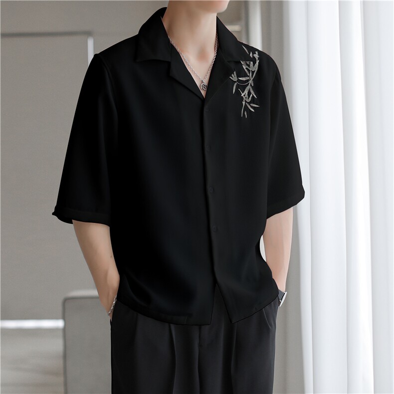 夏风竹叶刺绣衬衫日系港风简约休闲衬衣男透气外套C59-P40图片