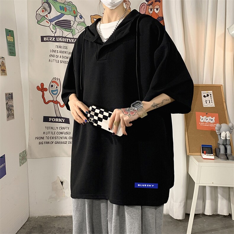 LD54202-P45连帽短袖t恤男大码胖子带帽五分袖中袖,男装T恤,电商A040