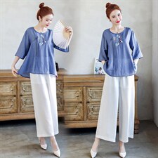 2021夏季新款文艺素雅复古刺绣休闲舒适棉麻两件套，女装套装/套裙，韩宇舍