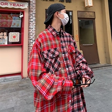 潮高街撞色拼接口袋格子长袖衬衫男女宽松潮牌衬衣外套2218/P45，男装衬衫，星座506