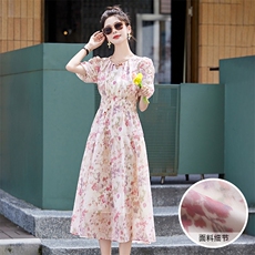 2024夏装新款收腰显瘦碎花雪纺连衣裙女夏中长款裙子仙女气质优雅，女装连衣裙，贵人树