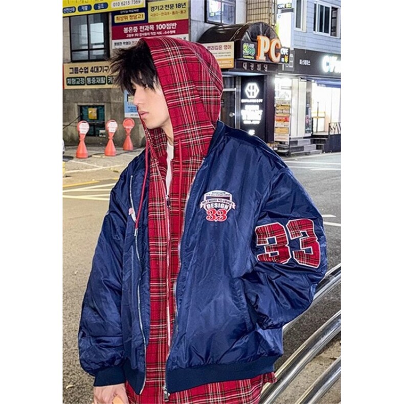 美式复古假两件连帽棉服外套男女冬季加厚保暖情侣棉衣 JY66图片