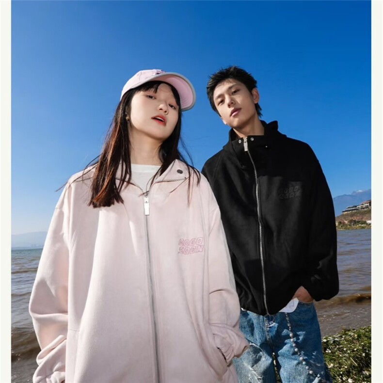 秋款男女连帽夹克衫麝皮绒刺绣半高领冲锋衣外套JK697 P82图片