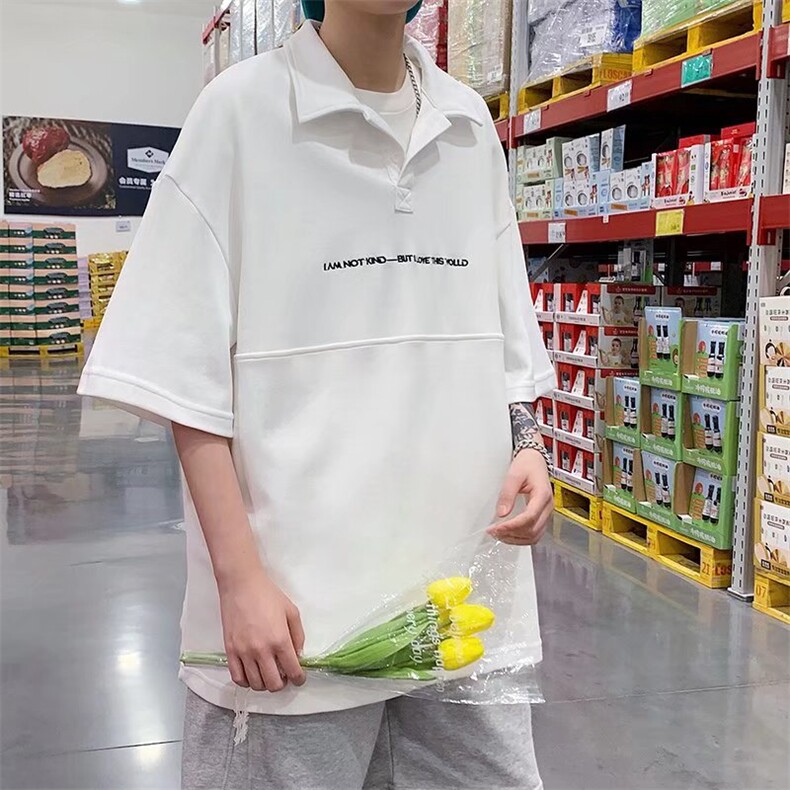 夏季港风chic潮流宽松休闲翻领T恤拼色短袖Polo衫男上衣T1101-P35,男装Polo衫,星座512-2