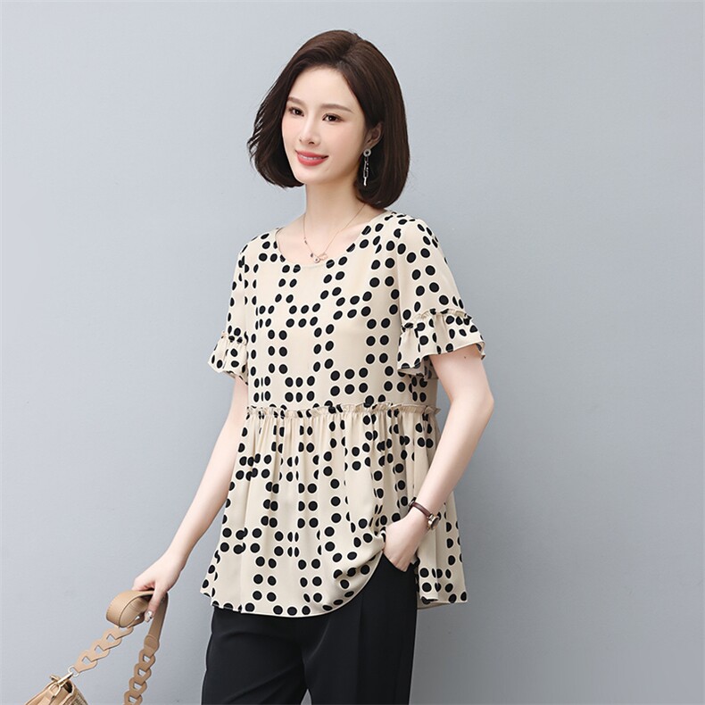 2023年春夏季宽松型圆领波点套头短袖，女装蕾丝衫/雪纺衫，依倍林