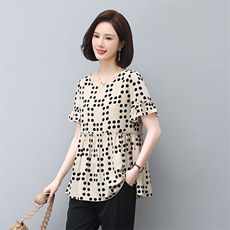 2023年春夏季宽松型圆领波点套头短袖，女装蕾丝衫/雪纺衫，依倍林