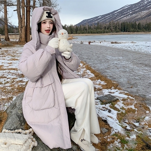 粉紫色50白鸭绒羽绒服女冬季新款学院风中长款保暖加厚面包服外套,女装羽绒服,天丽
