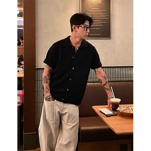 老钱风冰丝针织开衫短袖男夏季透气t恤镂空复古翻领半袖 MY64图片