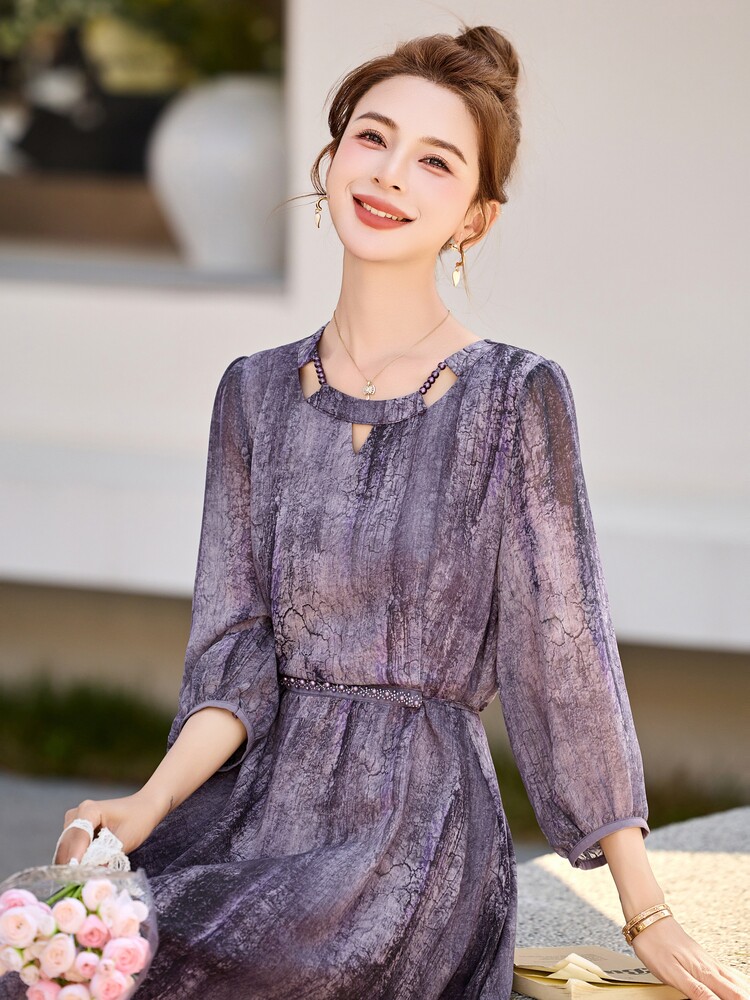 紫色连衣裙女夏2025新款高级感法式气质收腰显瘦减龄绝美漂亮裙子,女装连衣裙,多彩