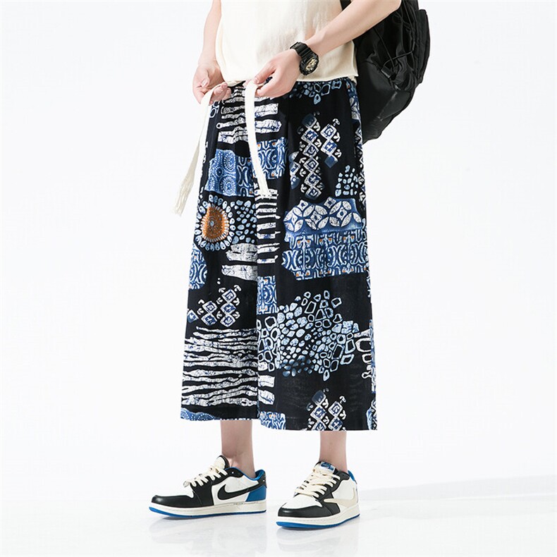 2025新中式碎花风民族风沙滩裤七分裤A057-K367-P40，男装牛仔裤，电商A057B