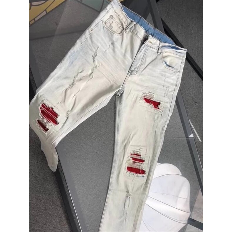 欧美高街潮牌牛仔裤破洞红色补丁修身男女长裤子HT1153p38,男装牛仔裤,星座1112-1