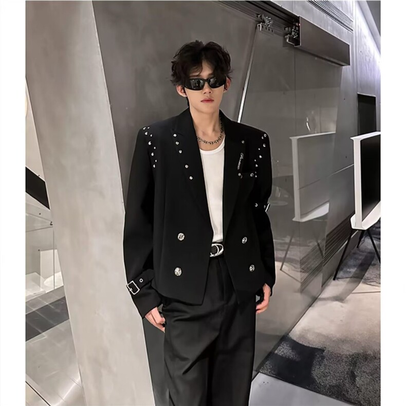 高级感铆钉设计短款小西装男2025秋季新款小众双排扣绑带西服外套,男装西服套装,星座506A