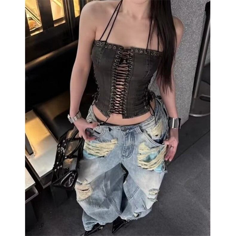 潮流设计感复古蓝色破洞牛仔裤女夏季宽松直筒磨破长裤子N7018,男装牛仔裤,星座1116A（原606A-3）