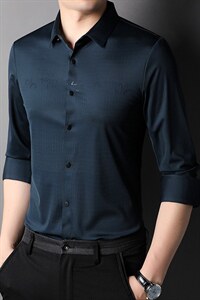 春秋季新款男士长袖衬衫商务休闲中年无痕衬衣爸爸秋装纯色上衣图片