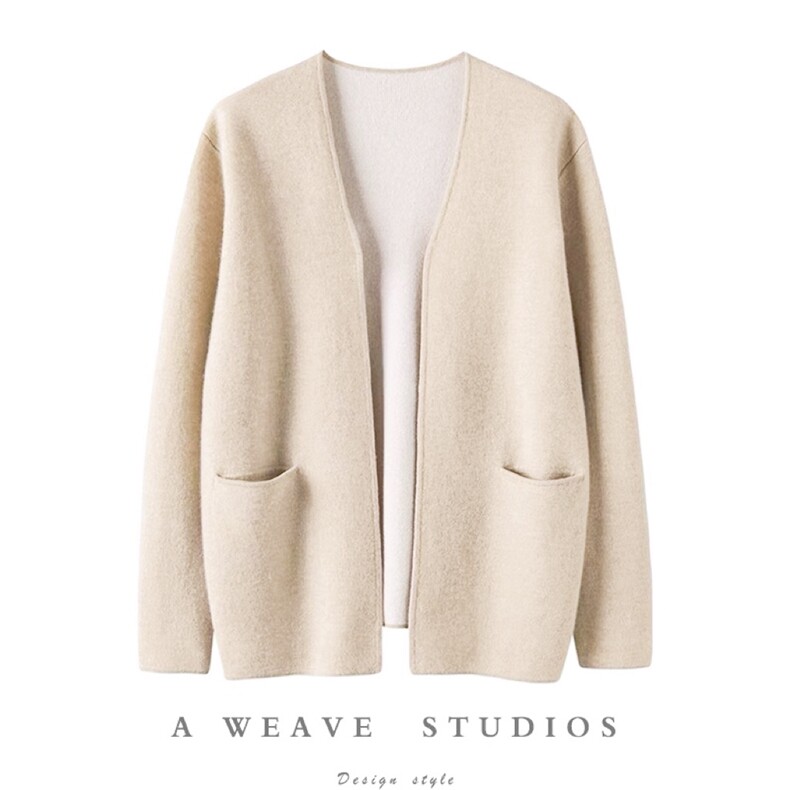 时髦洋气款35%羊绒圆领针织外套宽松开衫，女装羊绒衫，以美红杉羊绒