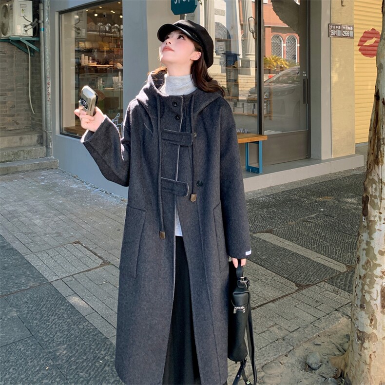 现货新款双面羊毛呢正反两穿连帽风衣,女装双面呢大衣,丝露怡语