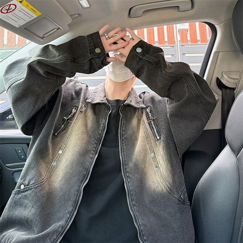 拉链设计感牛仔外套男生宽松春秋复古做旧痞帅炸街夹克潮2183/P70，男装工装外套，星座506