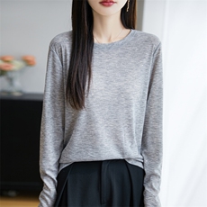 洋气春季新款圆领针织衫女宽松显瘦百搭长袖上衣可外简约打底衫，女装蕾丝衫/雪纺衫，昭美羊绒