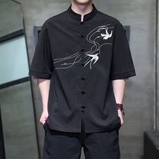 现货男士小鸟刺绣风立领盘扣衬衫中袖男上衣T2520-P65-控89，男装T恤，电商A021
