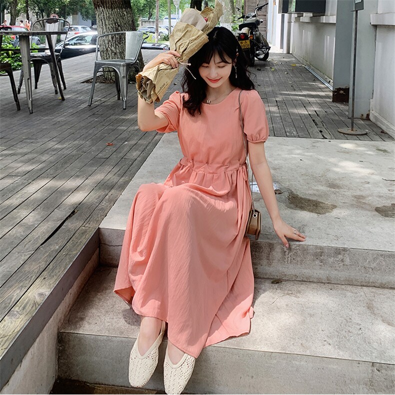 【现货】2021夏装新款纯色连衣裙166-1020P70桔红,女装连衣裙,茜茜公主