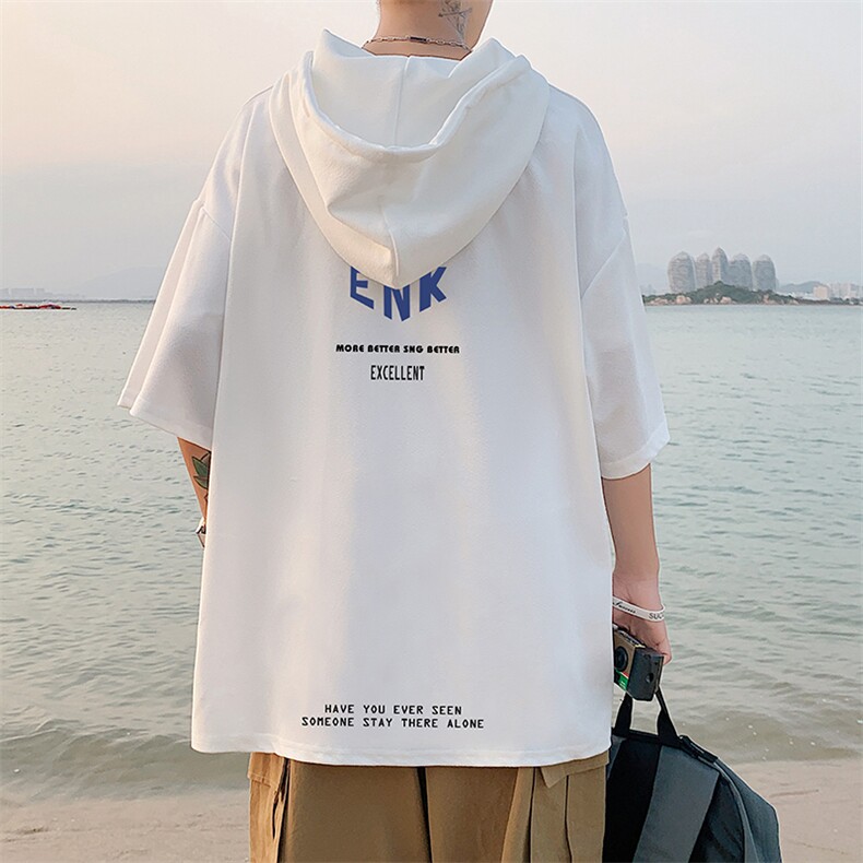 LD54120-P45 连帽短袖t恤男大码胖子带帽五分袖中袖图片