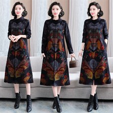 2022秋季女装新款时尚洋气民族风盘扣定位花长款连衣裙，女装连衣裙，魅衣本色