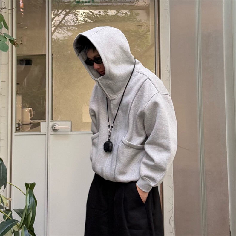 抖音得物高品质秋冬美式高街重磅结构辑明线纹理连帽卫衣外套W111,女装短外套,电商A486-1