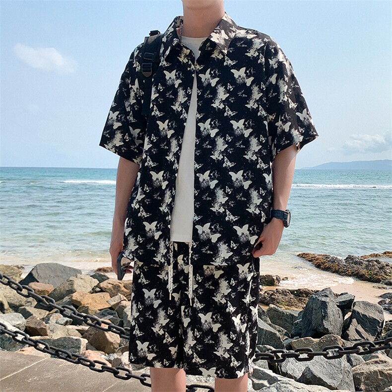 特批P50无差价夏季冰丝薄款垂感蝴蝶印花大码短袖衬衫短裤男TZ330,男装休闲套装,电商A001-1