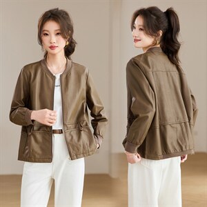 2026年春季棒球领休闲水洗皮短款外套，女装皮衣，文熹诺
