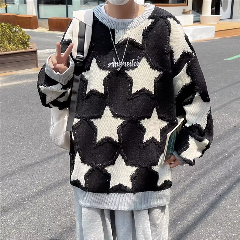 美式圆领男慵懒风休闲针织衫星星提花圆领包边毛衣M13-P45,男装针织衫/毛衣,星座1109-3