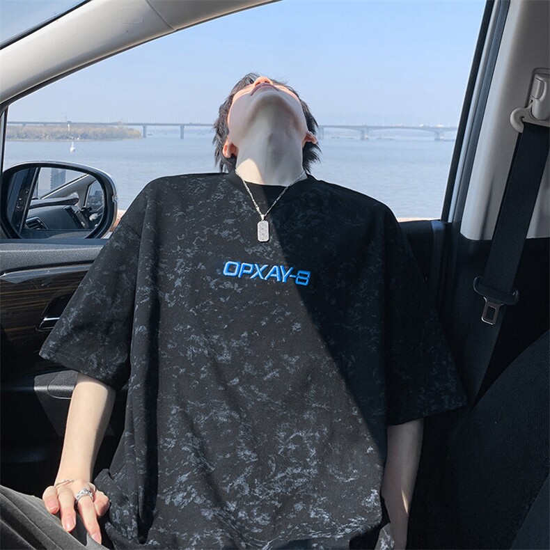 万针刺绣工艺得物抖音240克重磅宽松纯棉美式做旧扎染短袖T恤,男装T恤,电商A486
