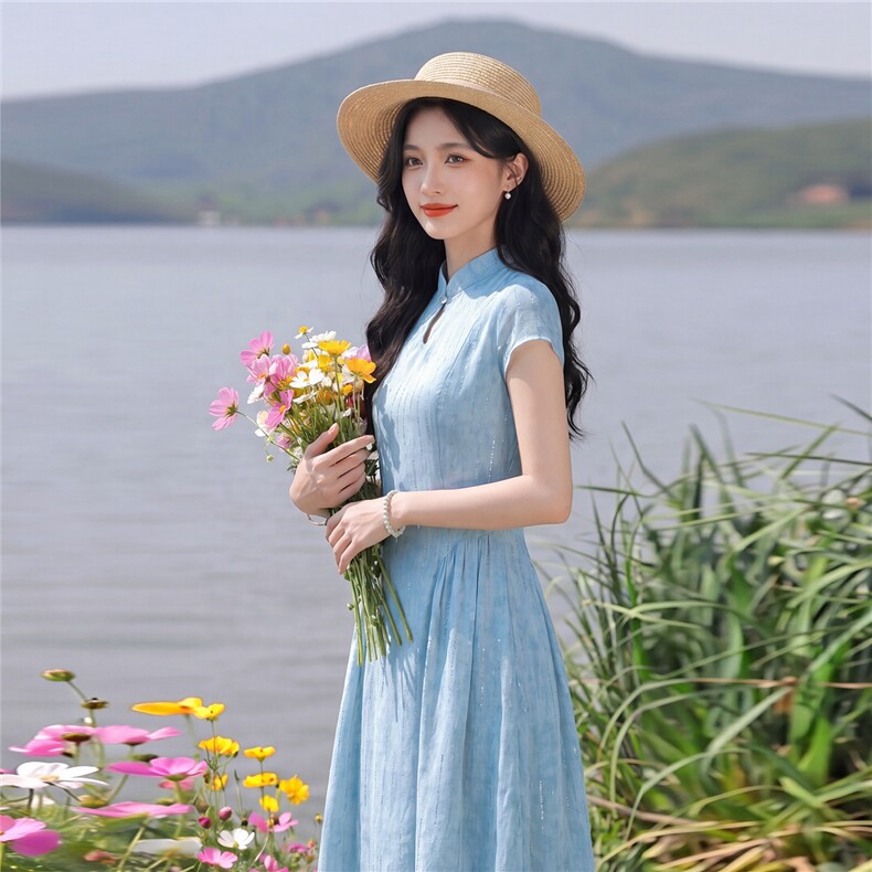 复古气质连衣裙女夏季新款女神范时尚收腰显瘦减龄中长款裙子,女装连衣裙,水衣源