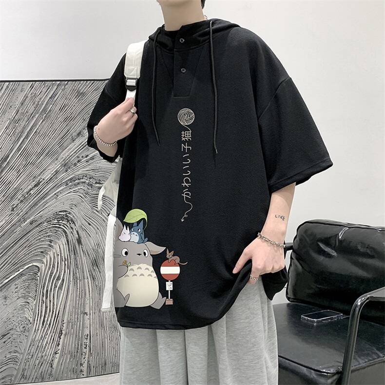 LD54152-P45连帽短袖t恤男大码胖子带帽五分袖中袖大皂风,男装T恤,电商A040