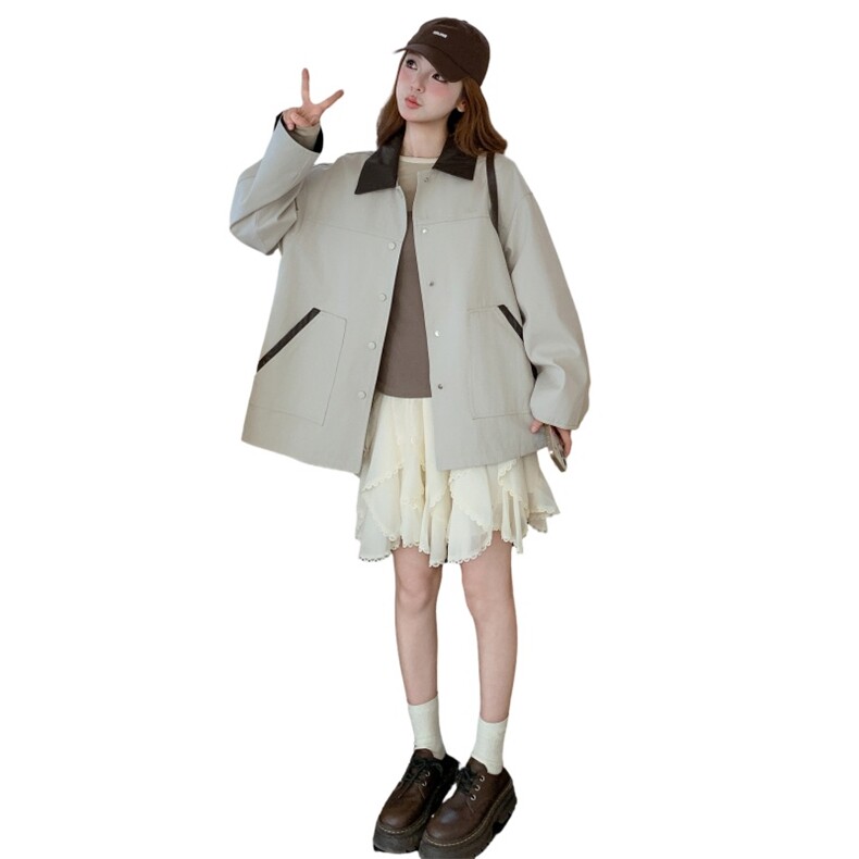 撞色翻领风衣外套女春秋2025新款学院风减龄宽松小个子大衣高级感,女装风衣,2C218