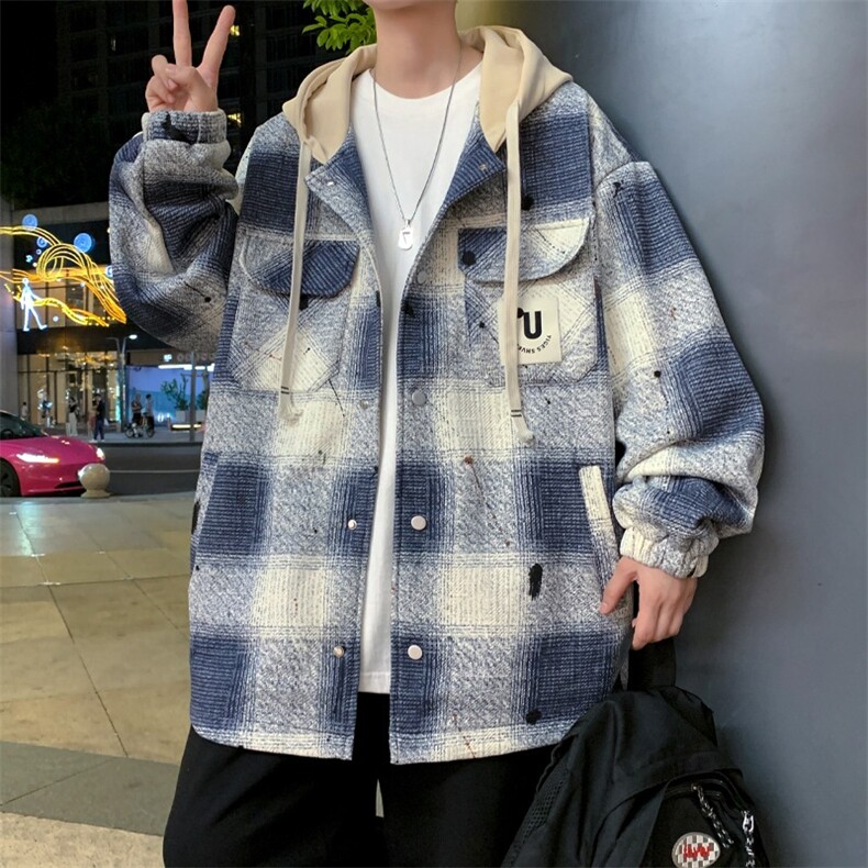 工装格子外套男款春秋季2025新款连帽衣服大童青少年学生帅气夹克图片