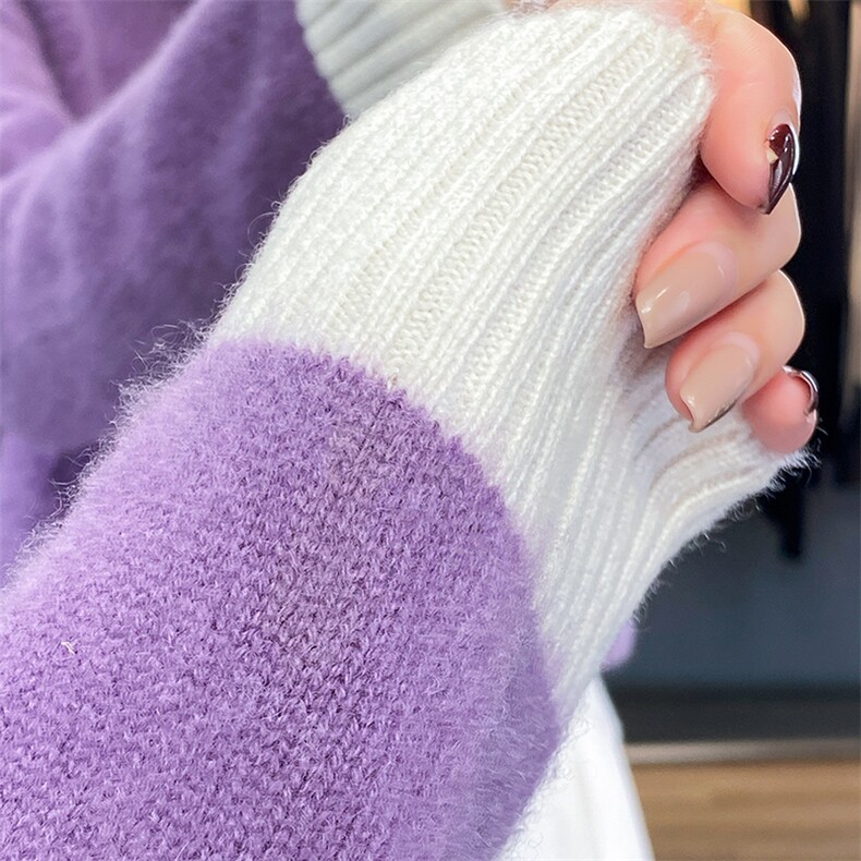 秋冬新款拼色100%羊毛衫女半高领菱形扭花羊绒衫宽松针织打底上衣,女装羊毛衫,邓利维