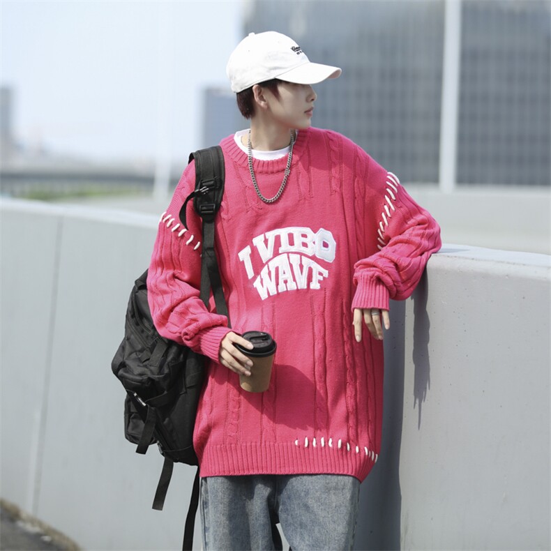 潮字母刺绣绑带麻花圆领宽松小众毛衣男MY064-P45,男装针织衫/毛衣,星座308B-1