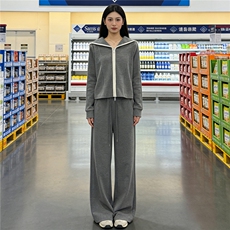 韩版休闲运动套装女春季新款高级感双头拉链长袖外套阔腿裤两件套，女装套装/套裙，江南