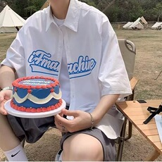 日系开衫贴标印花短袖衬衫男女夏季宽松休闲半袖衬衣垂感翻领bf风，男装衬衫，星座506A